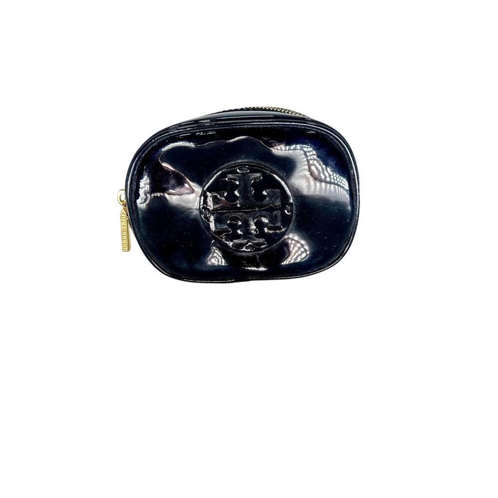 Tory Burch Black Patent Leather Embossed Logo Top Zip Cosmetic Case Pouch Bag OS
